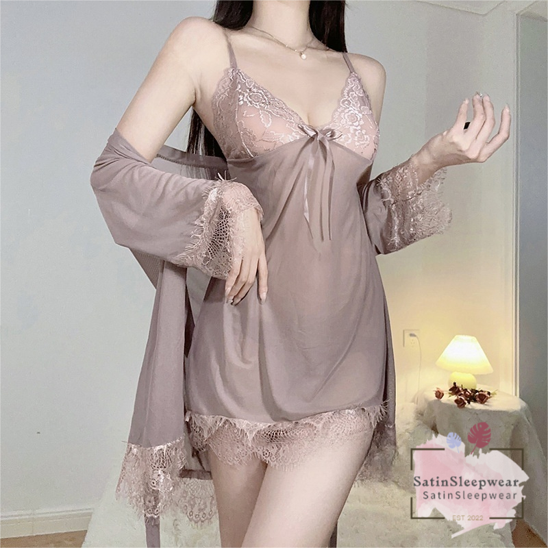 Baju tidur wanita Set Gaun Renda  (Gaun + Jubah)  Terbuat dari jala  Ringan dan tembus pandang