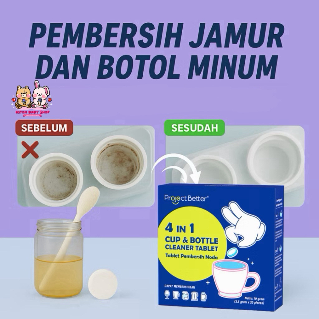 Project Better 4in1 Cleaner Tablet 1 Box isi 20 Pcs / Pembersih Jamur & Noda Botol Minum, Tumblr, Pl