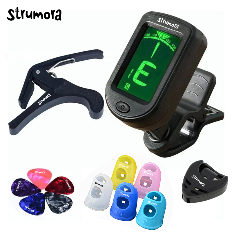 STRUMORA Klip Penyetel Capo Gitar pada Gitar, Biola, Bass, Ukulele Berwarna dengan Pilihan (Tuner da