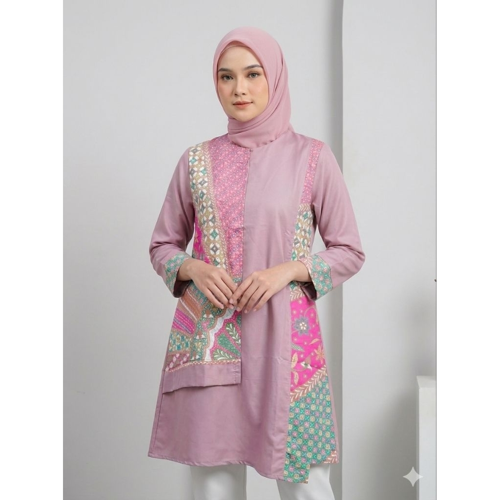 Baju Batik Wanita | Tunik Batik Kombinasi | Blus Batik Kombinasi | Batik Modern | Baju Batik Jumbo