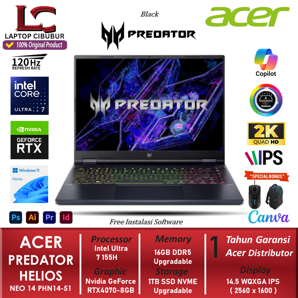 ACER Predator Helios Neo 14 Intel Ultra 7 155H RTX4070-8GB 16GB DDR5 2TB SSD WQXGA IPS 120HZ RGB W11