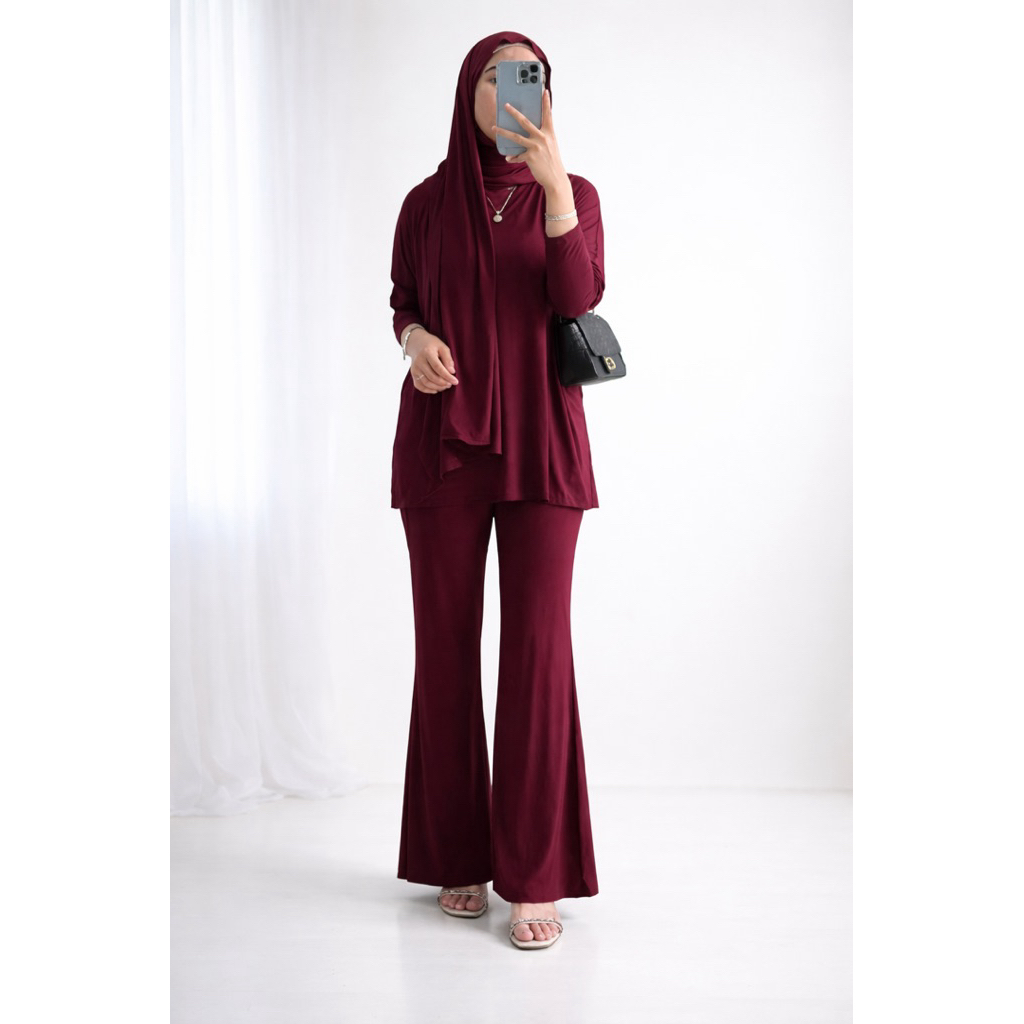 ARUNA 3IN1 SET Wanita | Tunik + Celana Span Rayon + Hijab | Baju Set Muslimah Oversize Adem Jatuh