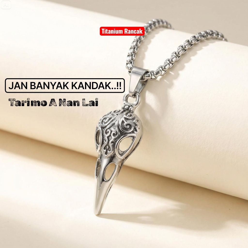 Kalung Titanium Raven Skull Pria – Liontin Tengkorak Burung Gothic Viking Anti Karat