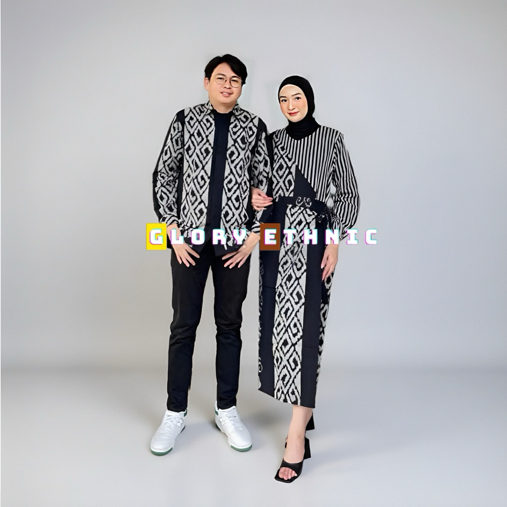 Couple Tenun Lurik Marline Monokrom Premium Sarimbit Modern Elegan Black White