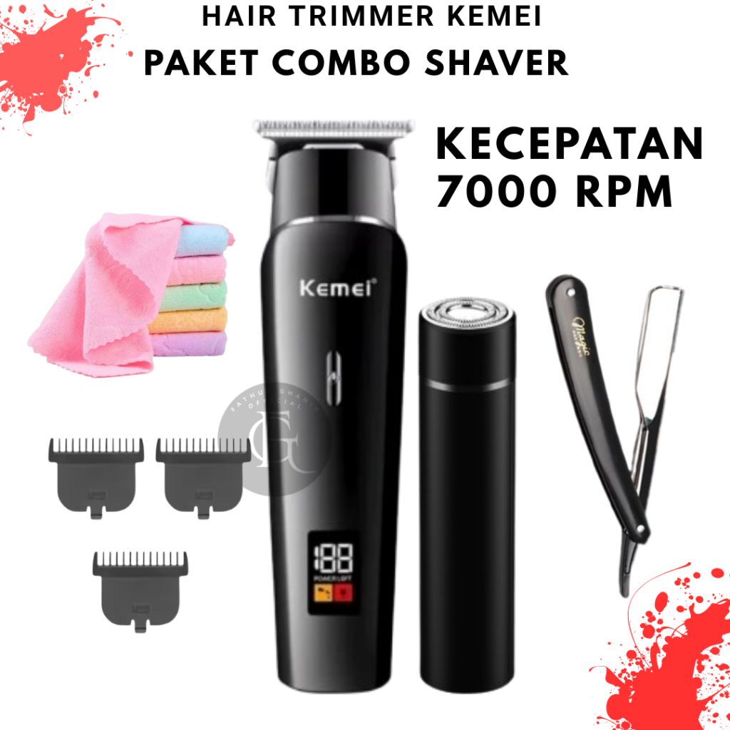 Kemei Paket Kombo Trimmer Shaver Mesin Cukur Kumis Jenggot Suara halus Kecepatan 7000 RPM Alat Cukur