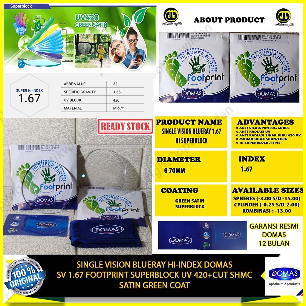DOMAS SINGLE VISION 1.67 BLUERAY FOOT PRINT SUPERBLOCK READY STOCK