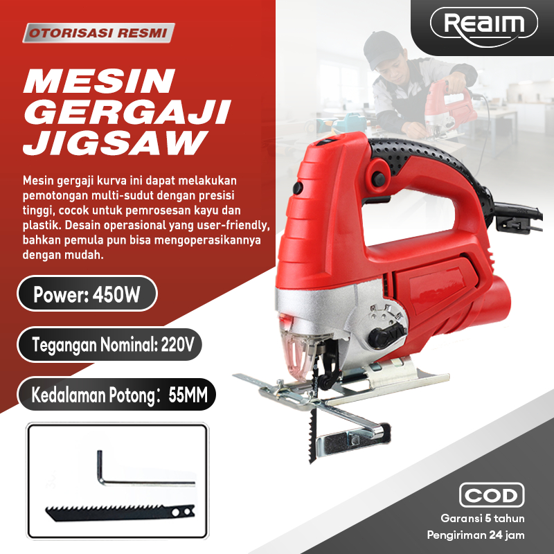 Reaim Jigsaw Listrik 450W Gergaji Rantai Kayu Mesin Pemotong Besi Mesin Pemotong Multi Sudut