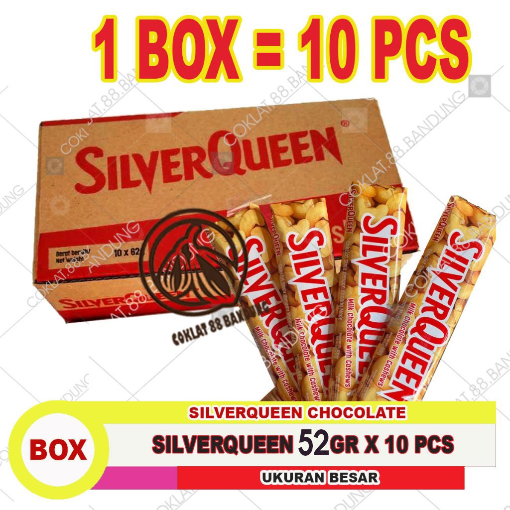 Coklat SilverQueen 1 Box 52gr 55gr x 10 pcs, Coklat Mede Mete Cashew Milk Chocolate