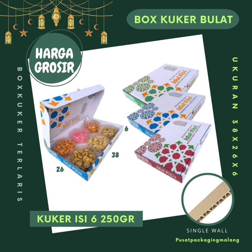 Kardus Kuker 38x26x6 LD Toples Bulat 250gr isi 6 Box Hampers Kue Kering idul Fitri Dus Eid Mubarak