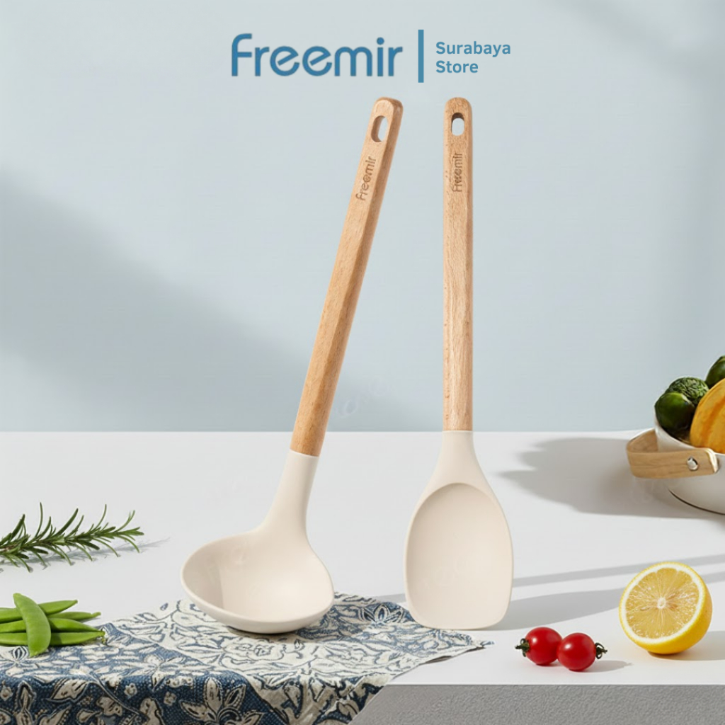 [Surabaya] freemir Set 2in1 Centong Sayur + Sutil Penggorengan Silikon Kayu Premium Tahan Panas