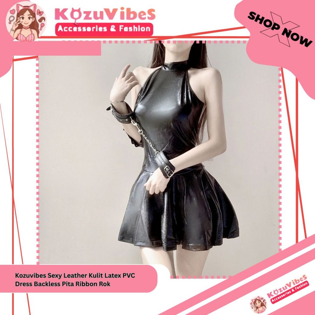 Kozuvibes Sexy Leather Kulit Latex PVC Dress Backless Pita Ribbon Rok