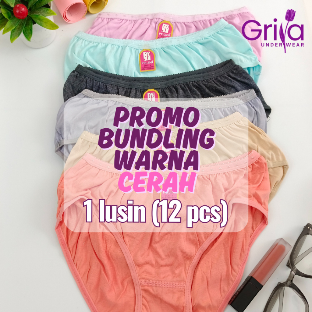 Polini 2077/2087 Cerah Isi 12 CD Wanita Murah Tebal Bahan Katun Lembut Sempak Wanita Remaja Dewasa P