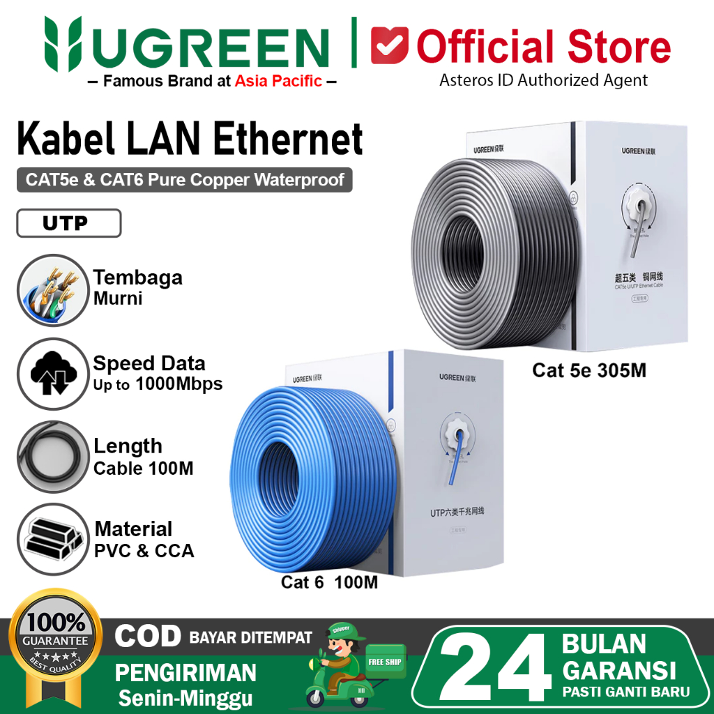UGREEN Kabel LAN UTP CAT5e Cat6 Kabel Ethernet/Internet RJ45 Panjang 100M - 305M