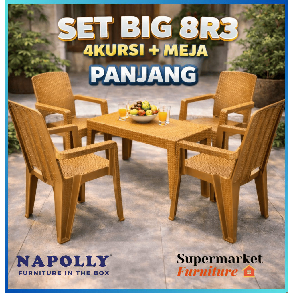 KURSI PLASTIK NAPOLLY SET BIG 8R3 4KURSI + MEJA OST PANJANG