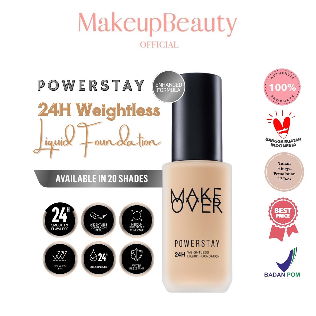 MAKE OVER Powerstay 24H Weightless Liquid Foundation - High Coverage Wajah Flawless Ringan Poreless 