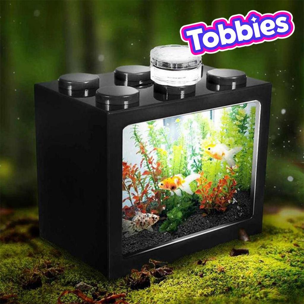 TOBBIES FUN SHOP Akuarium Mini Bentuk Brick Block Aquarium Unik Balok Susun dengan Lampu LED Warna-W