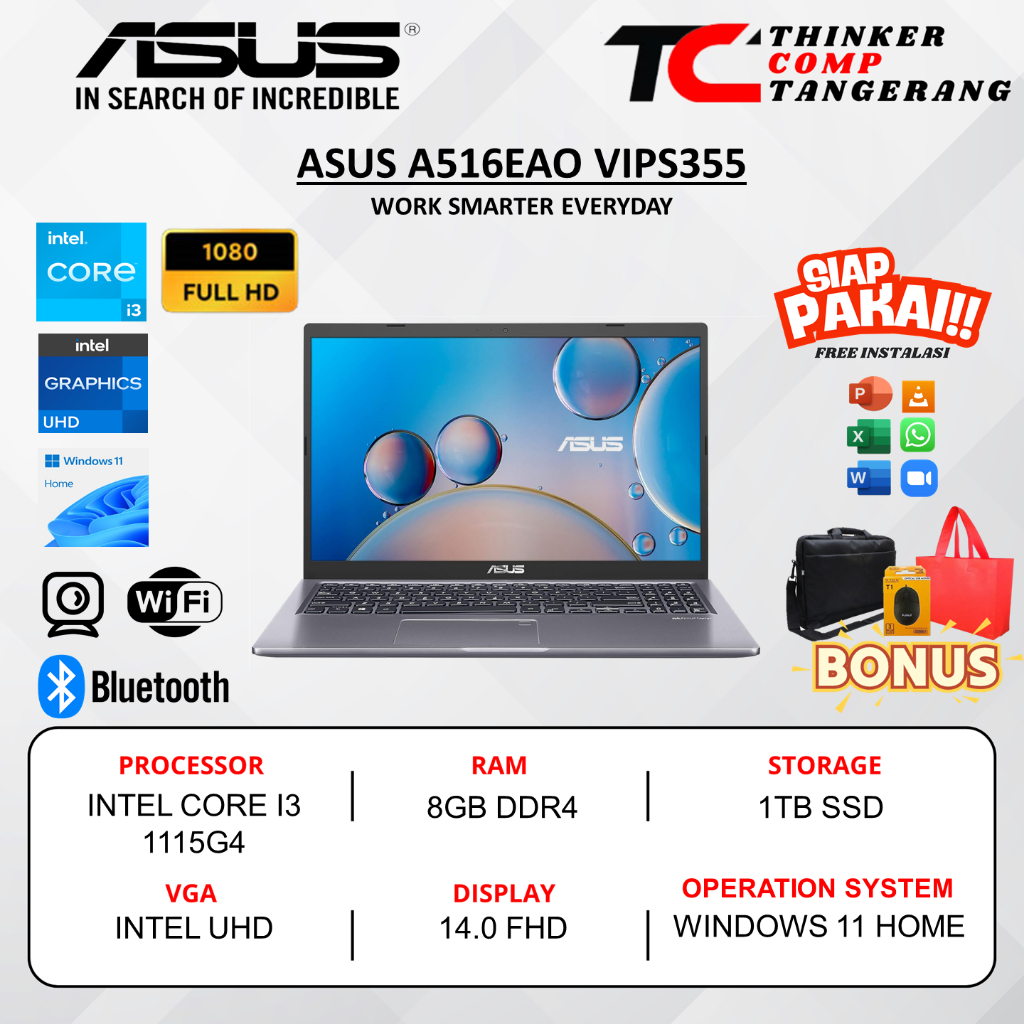 ASUS A516EAO Laptop 15.6” FHD | Intel Core i3-1115G4 | RAM 8GB | SSD 1TB | Windows 11 Home