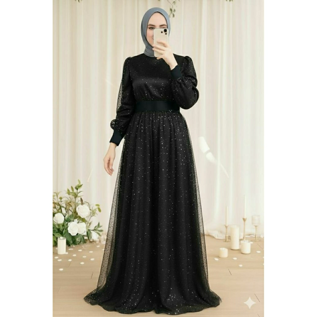 Gamis wanita muslim remaja model mewah dan modis kekinian saten velvet lebaran Aura maxi