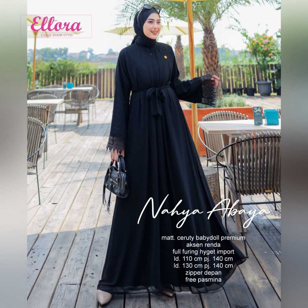 Gamis Abaya Syar'i Wanita Nahya Original ELLORA Bahan Ceruty Babydoll Premium Full Furing Hyget Impo