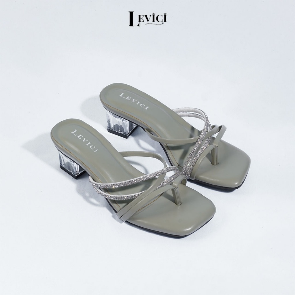 RBN High Heels Wanita Kaca Tali Permata Kulit Sintetis