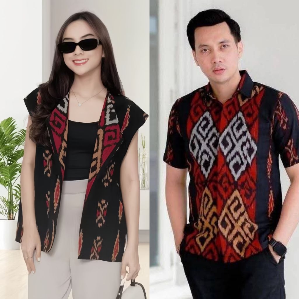BAJU COUPLE BATIK TENUN. KEMEJA PRIA dan ROMPI WANITA YURA VEST TENUN