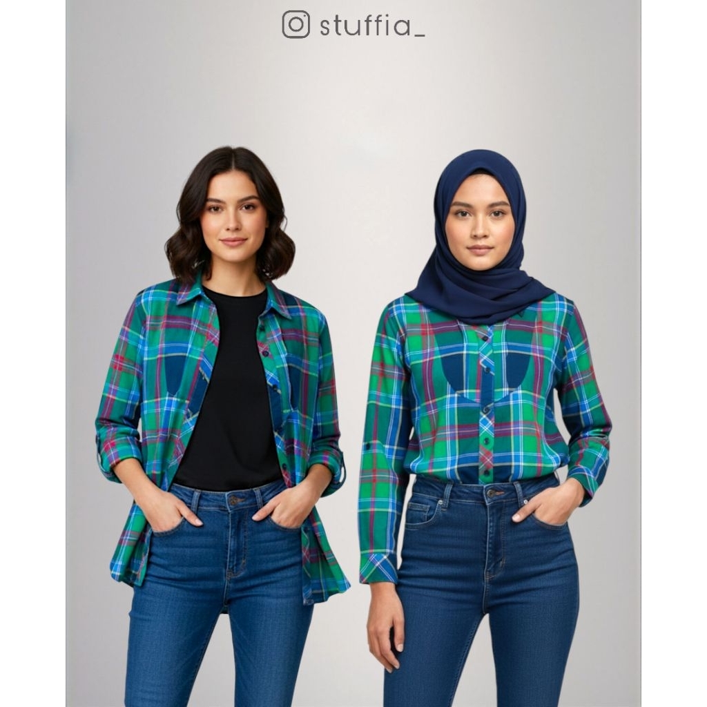 X EIGHT Kemeja Wanita Kemeja Kotak-Kotak Blouse Wanita Preloved