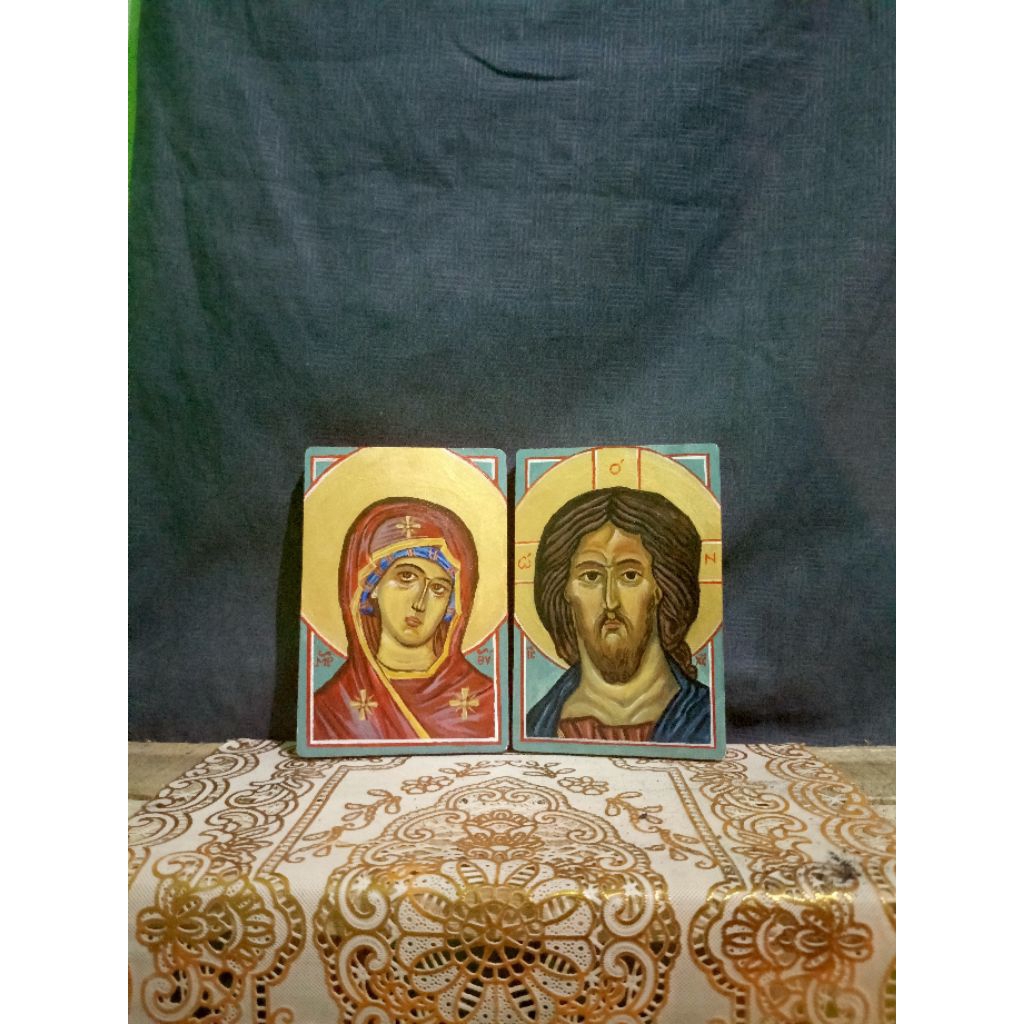 (HEMAT) Sepasang Ikon Bunda Maria dan Yesus Kristus Pantokrator. Ikon Orthodox Katolik Timur Rusia Y