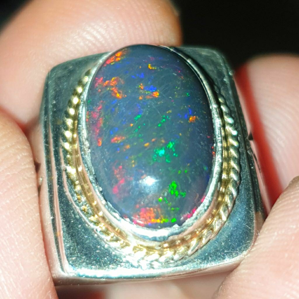 cincin perak batu kalimaya black opal solid banten