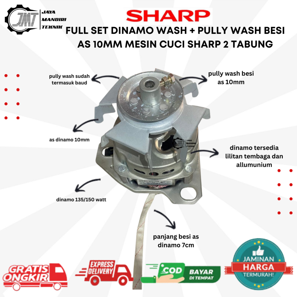 JMT - Full Set Dinamo Wash Pencuci Dan Pully Wash Besi As 10mm Mesin Cuci Sharp 2 Tabung