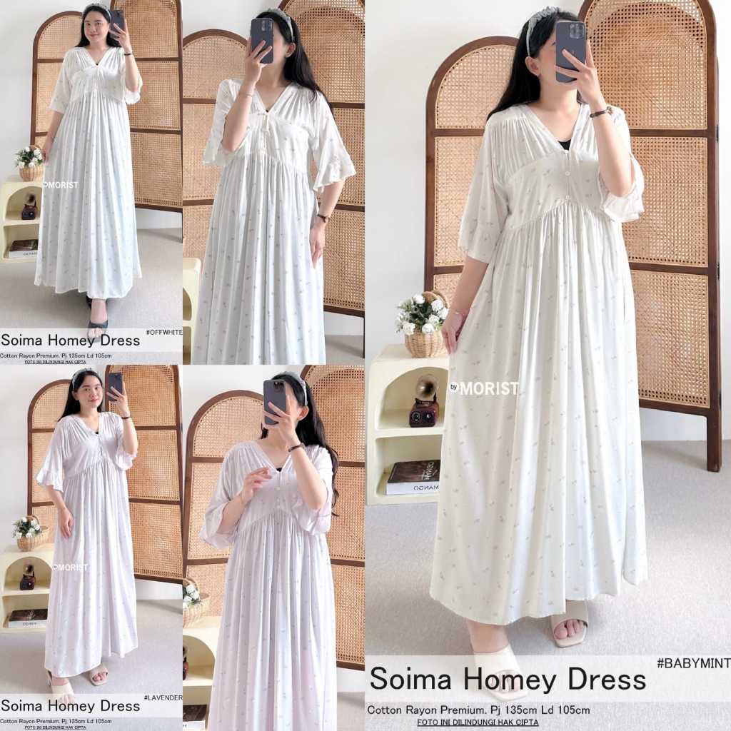 Soima Homey Dress Original MORIST Bahan Cotton Rayon Premium Adem Motif Bunga Kecil Gamis Panjang Sa