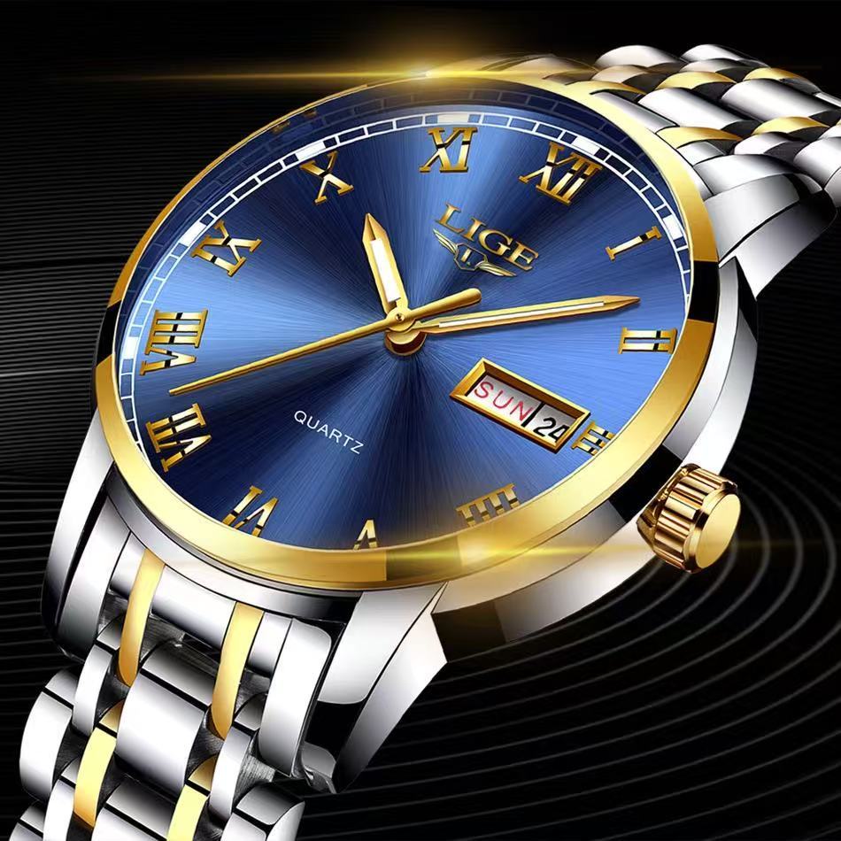 LIGE/Liger LG9846 Dual Calendar Steel Strip Three Needle Quartz Watch Business Waterproof Watch