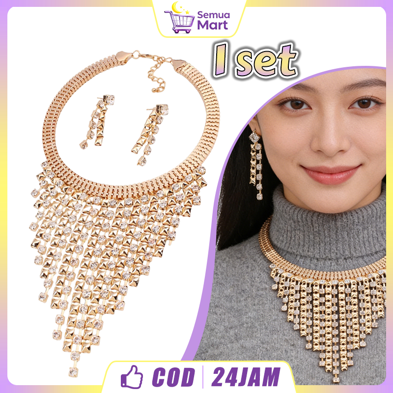 Kalung dan Earrings Rose Gold Gaya Pengantin Dubai India Set Aksesoris Perhiasan Pernikahan