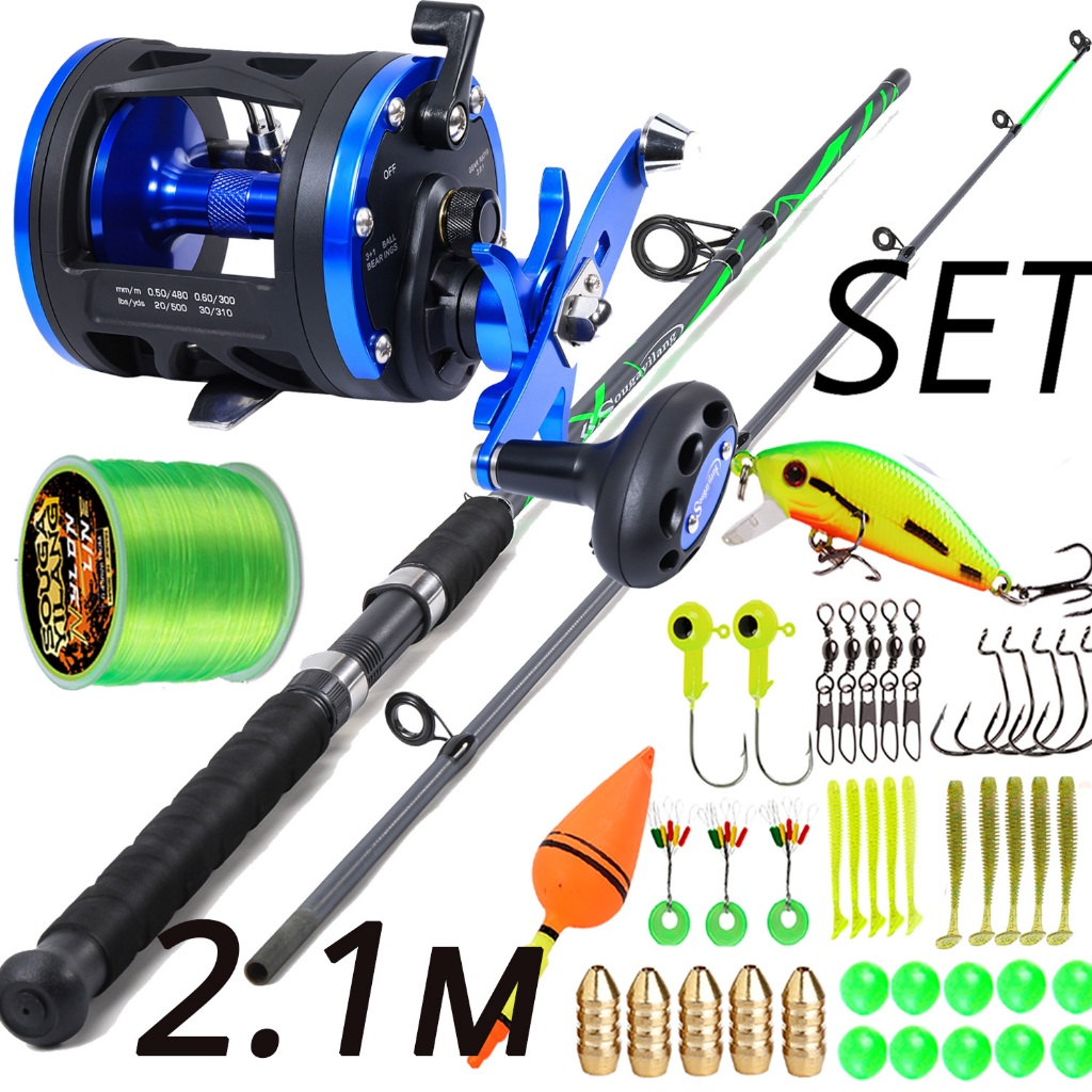 Joran Pancing Set Sougayilang Drum Fishing Reel Right Hand 2.1m Fishing Rod 2 Sections Damar Max Dra