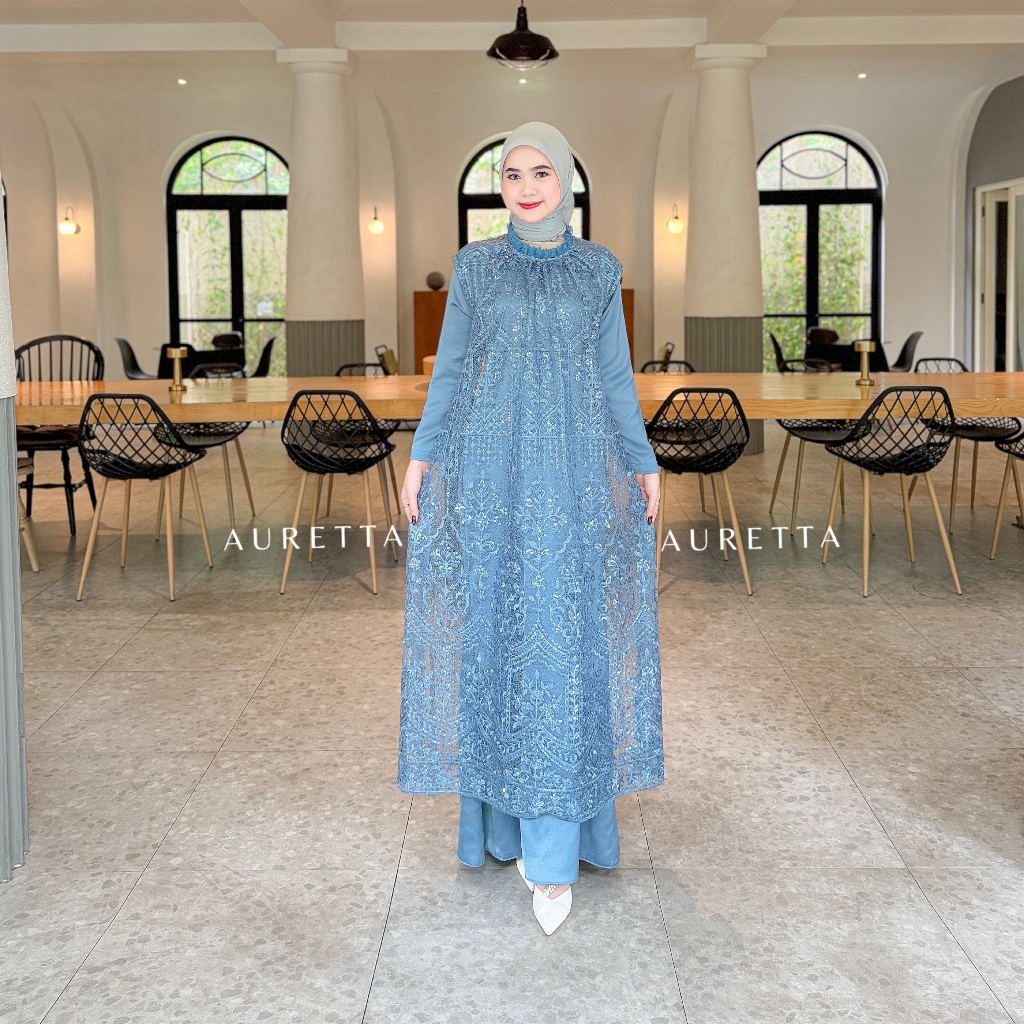AURRETTA Haura Dress Series 2 in 1 Bahan Satin Maxmara Mix Tile Spangle Mix Tile Raindrop Dress Gami