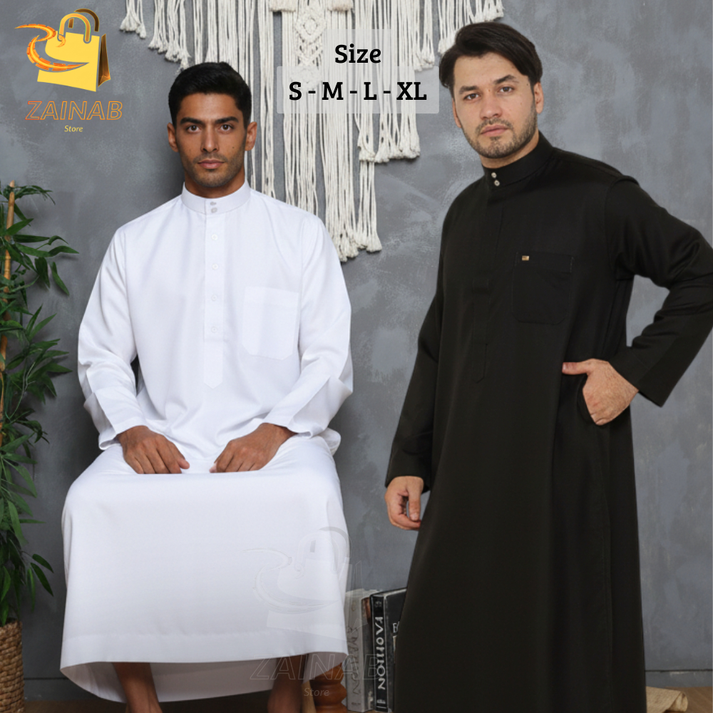 Baju Gamis Pria Remaja Dan Dewasa Jubah Laki Laki Lengan Panjang Hitam Putih Warna Polos