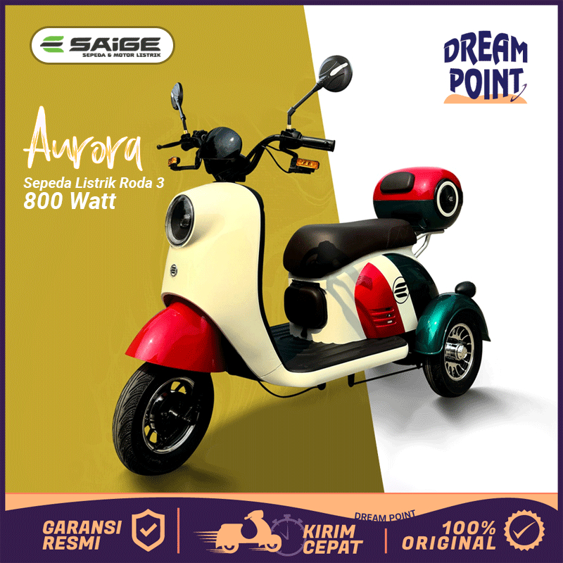 Sepeda Listrik Roda 3 SaiGe AURORA Untuk Dewasa E bike Anti Air Sepedah Listrik Roda Tiga Garansi