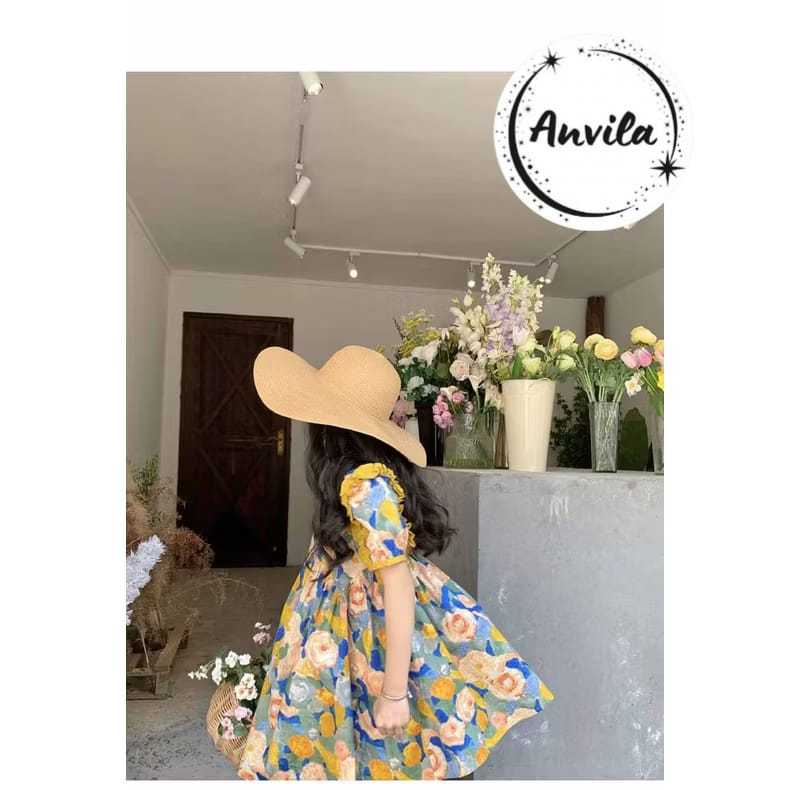 Anvila Dress Anak Perempuan Import Flower Lengan Balon Cute Import