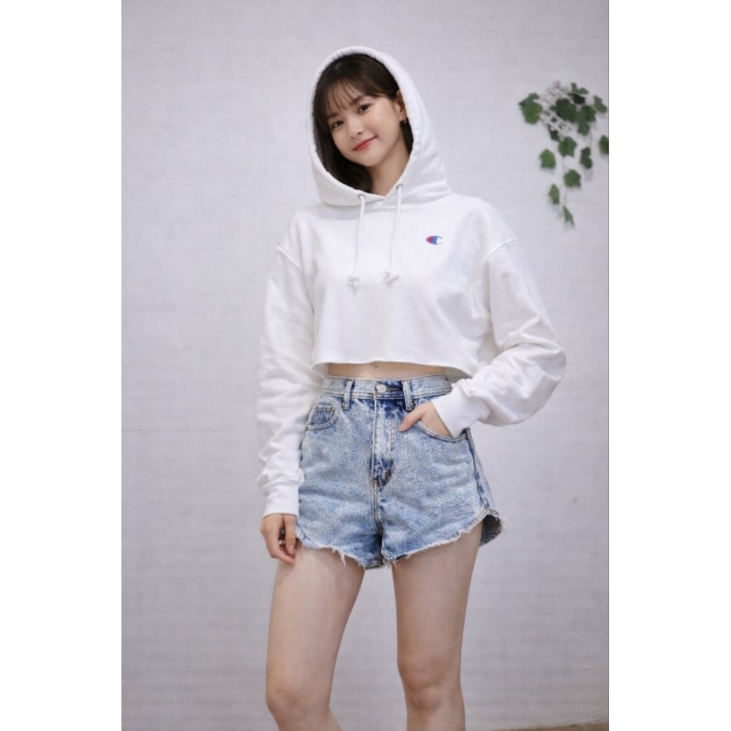 SATU SET hoodie champion putih dan celana pendek sembur biru denim jeans preloved