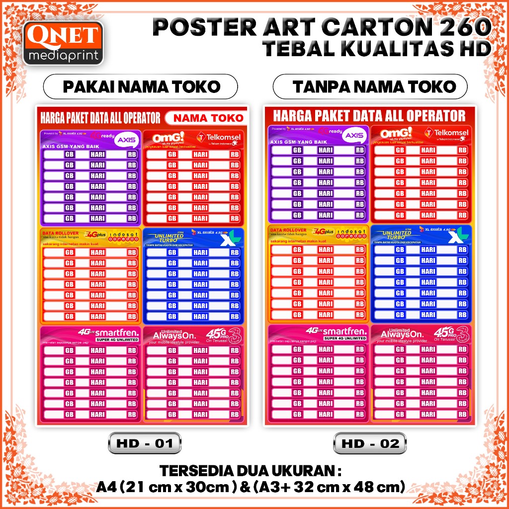 POSTER HARGA PAKET DATA ALL OPERATOR + LAMINASI GLOSSY