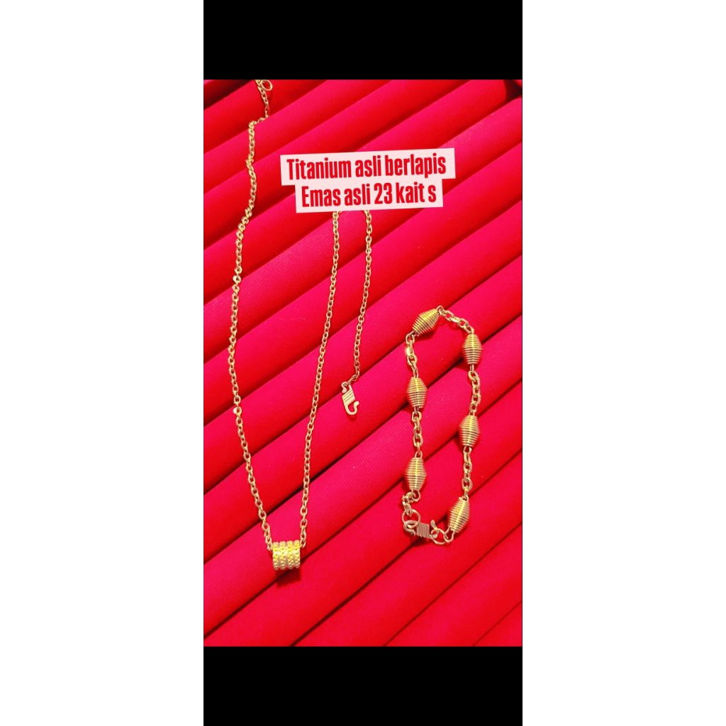 set gelang kalung titanium asli berlapis emas asli 23 krt