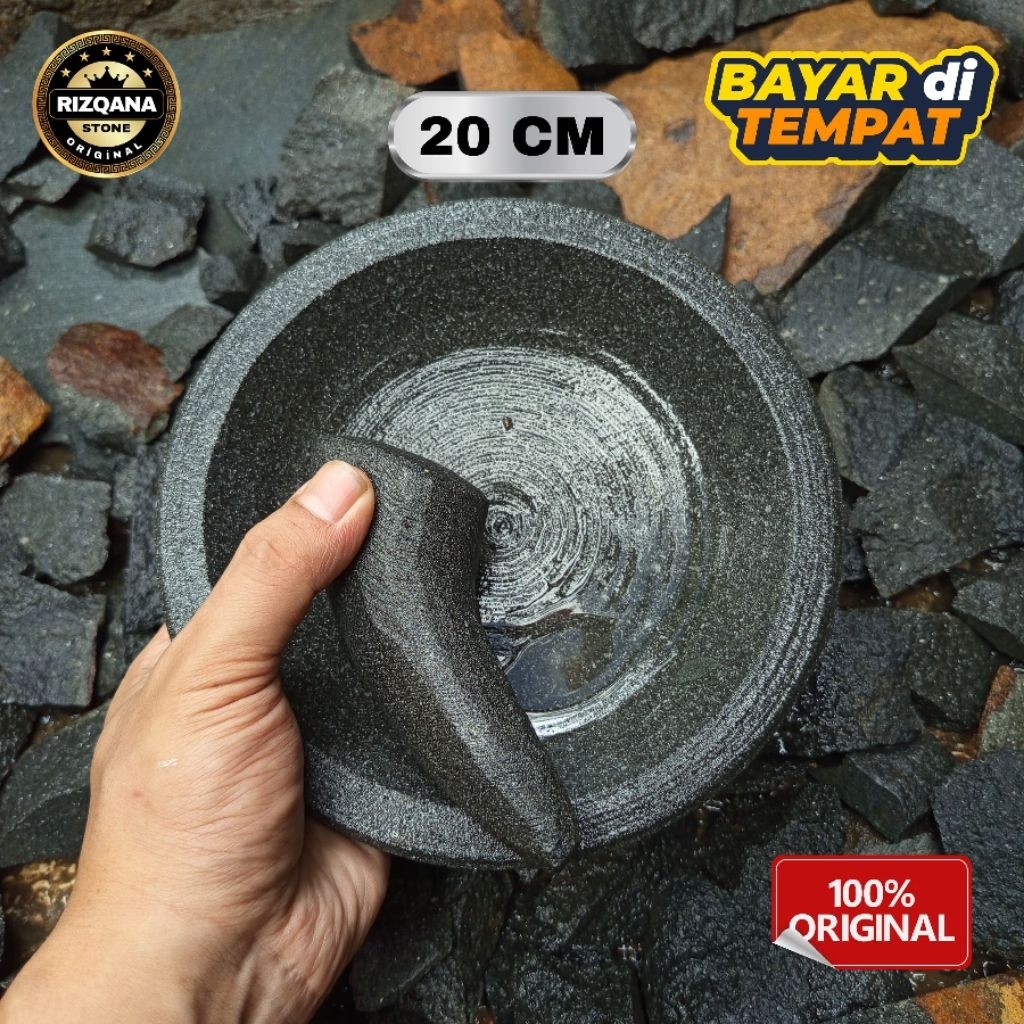 Cobek Batu Asli UKURAN SEDANG 20 CM cocok untuk sambal/bumbu Di jamin Anti Luntur, Anti Ngeres 100%