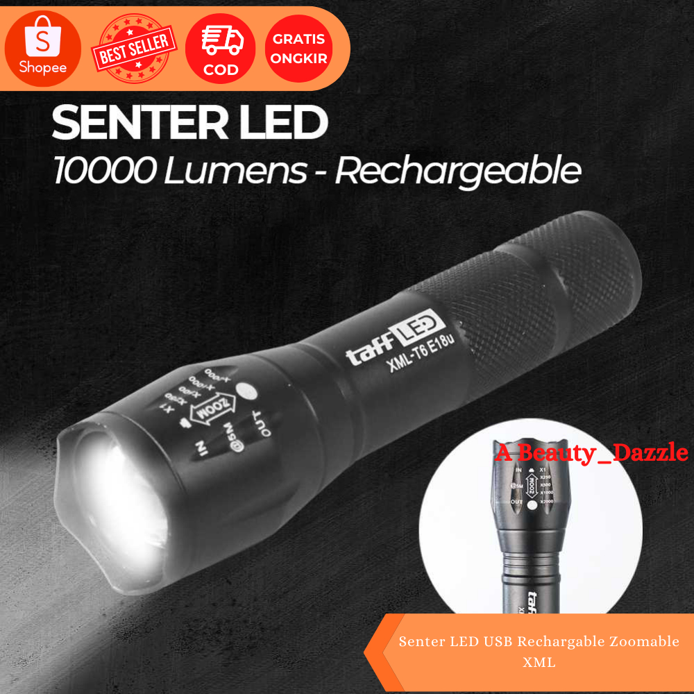 Senter LED USB Rechargable Isi Ulang Zoomable XML