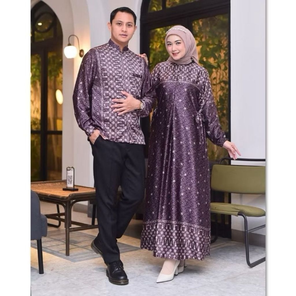 Couple MEDINNA Bahan Silk Premium Motif Bunga Elegan Busui Friendly Set Couple Kemeja Terbaru Murah 