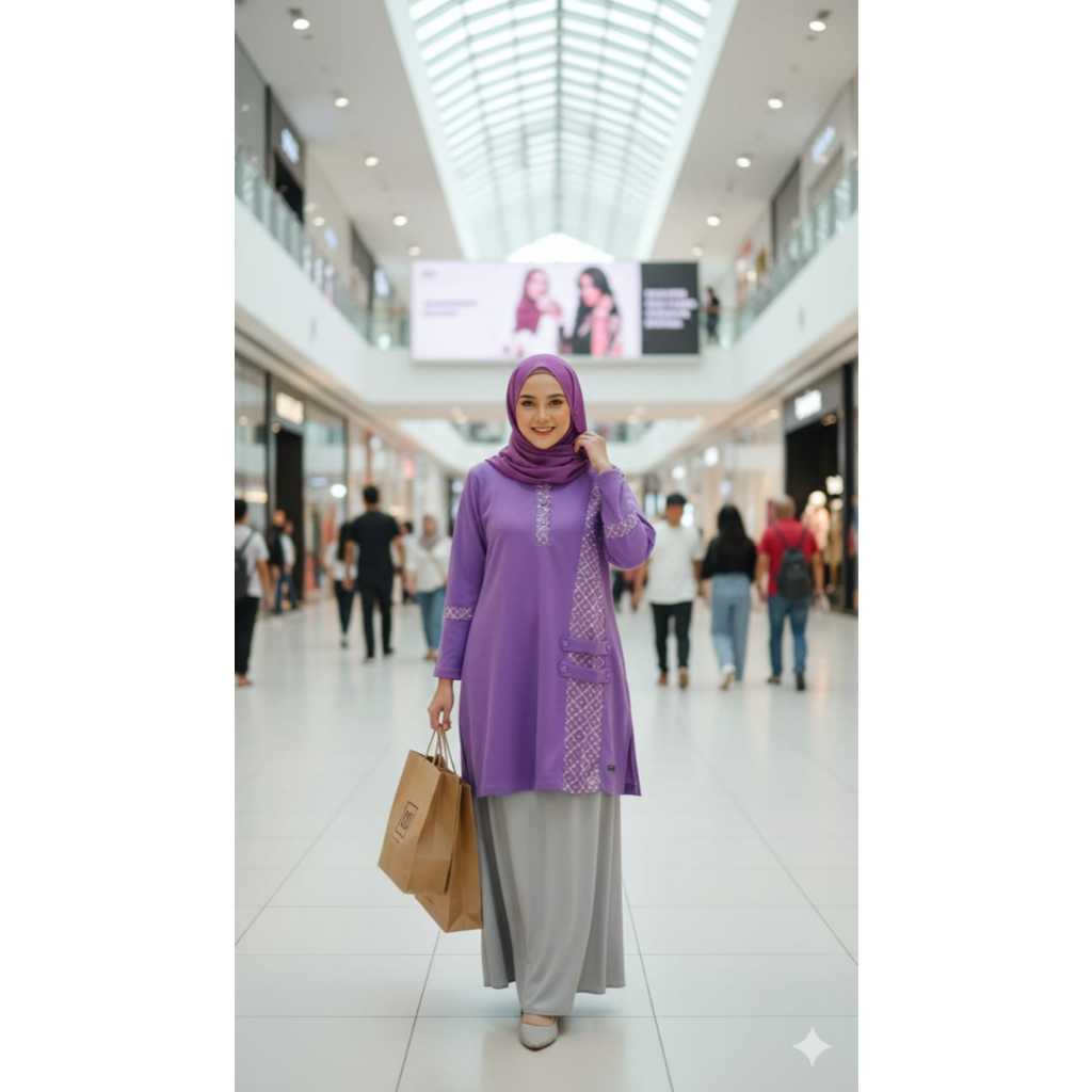 TUNIK KAOS WANITA KOMBINASI BATIK LENGAN PANJANG UNGU MURAH