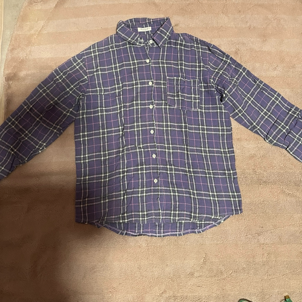 Baju pakaian wanita atasan blouse lengan panjang kemeja ungu kotak-kotak flanel