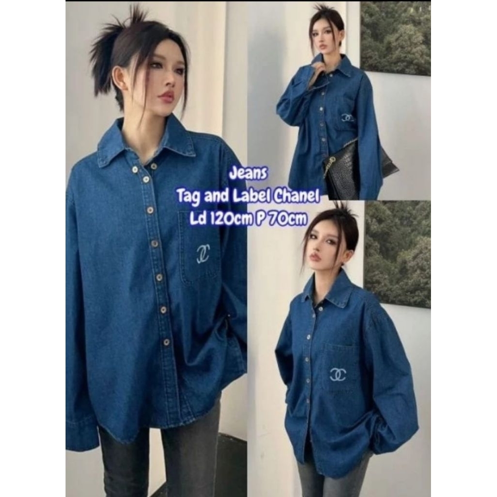 Kemeja Katun Mix Jeans Oversize Import