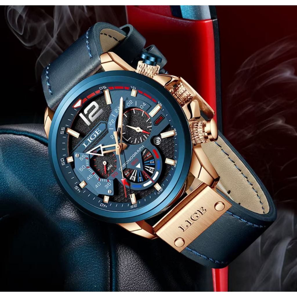 LIGE Men's Quartz Watch Multi functional Sports Watch Chronograph Waterproof Watch
