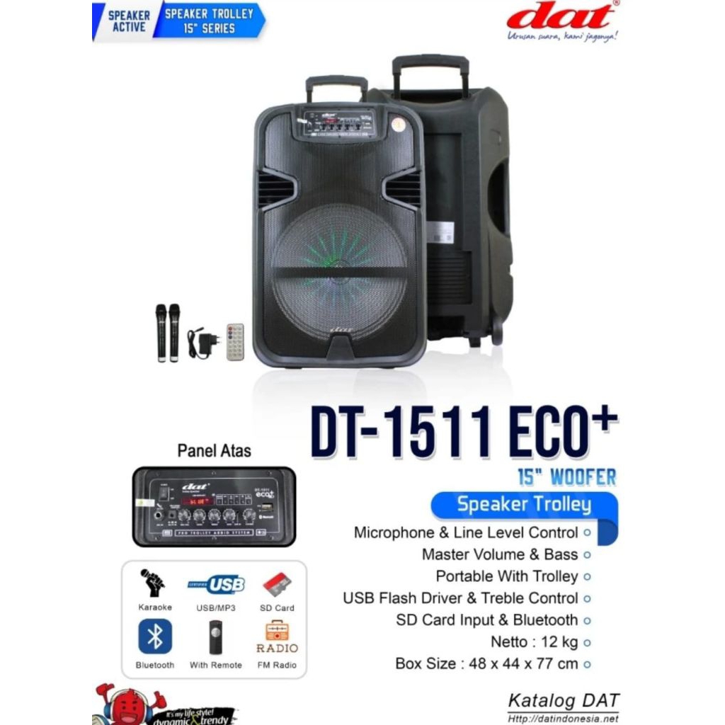 Speaker trolley 15 inci dat dt-1511 eco dt-1509 x2 yasinan usb bluetooth fm radio lampu led remote c