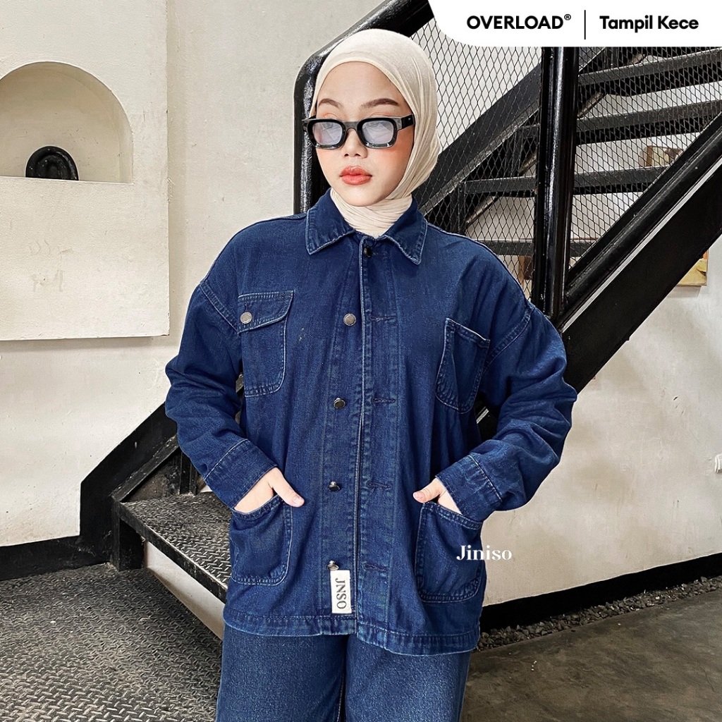 JINISO Jaket Denim Jeans Oversize WorkWear Blue Black