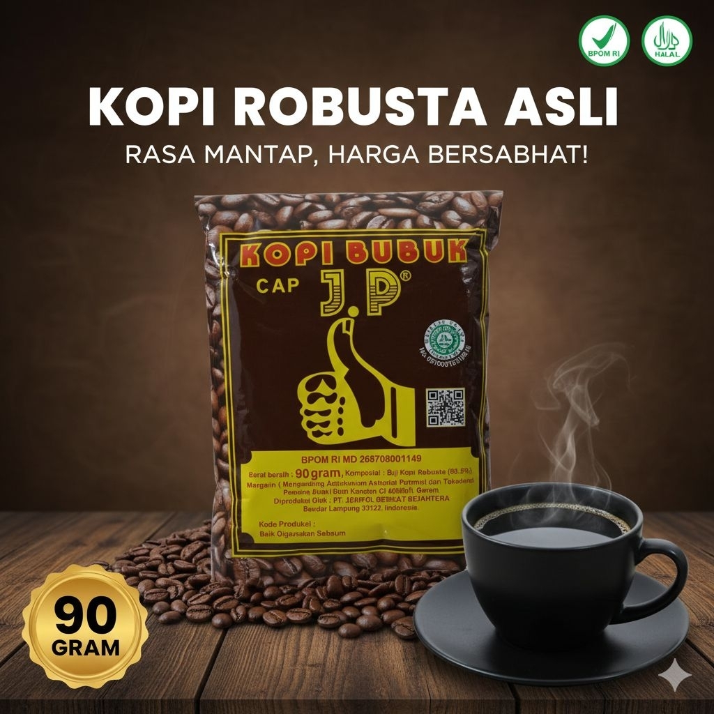 Kopi Bubuk Cap J.P 90 gr - Kopi Hitam Robusta Asli Lampung Aroma Kuat & Mantap - BPOM & Halal